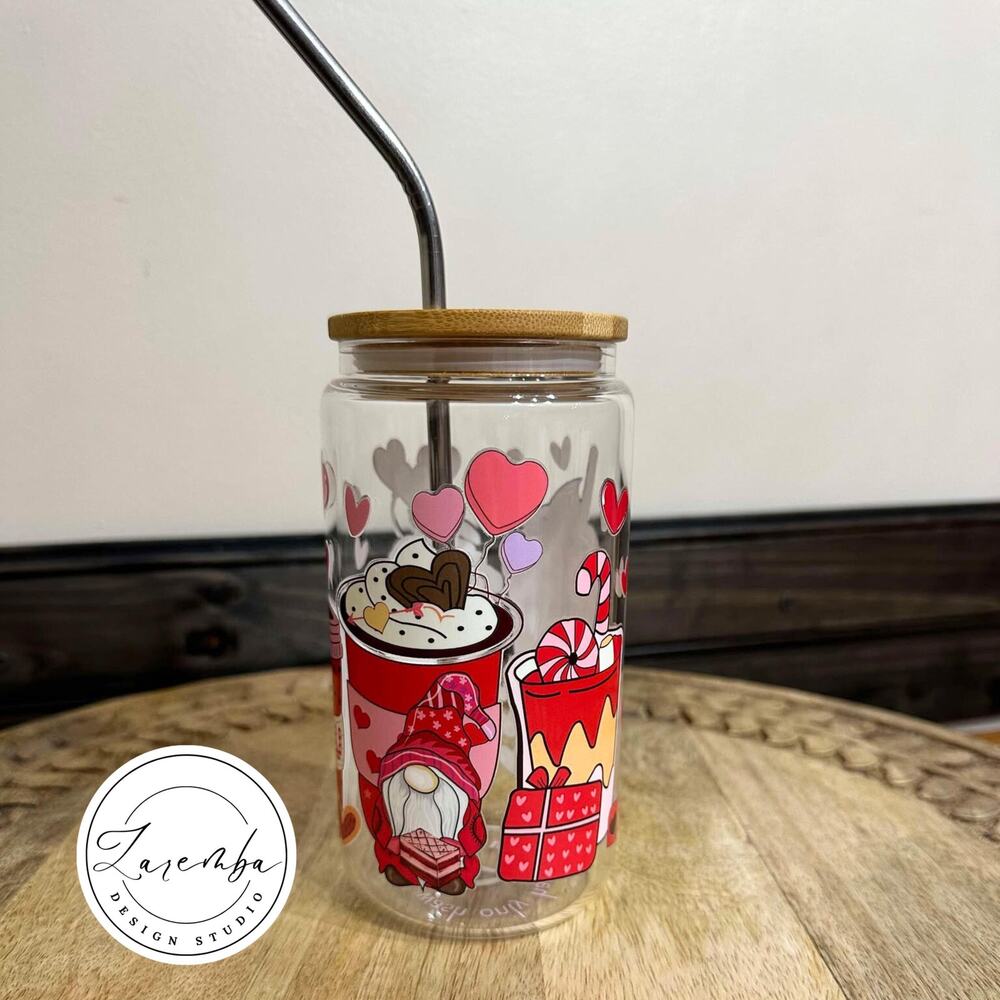 Garden Gnome Libbey Cup, Valentine's Day Beer Can Glass, Candy, Rose, Sweet